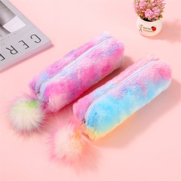 

1pcs pencil bag plush cute new rainbow color student large capacity stationery storage bag ladies plush sequin pencil case