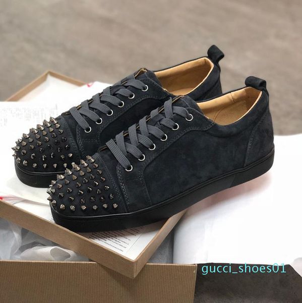 

2019 luxury sneaker studded spikes men trainers red bottom shoes grey new designer brand flats 100% genuine leather for g01, Black