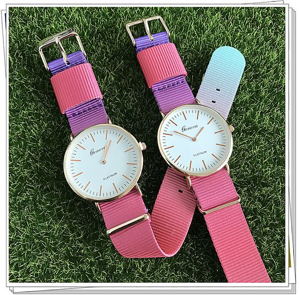 

new fashion rainbow gradient nylon fabric women dress lady watches brand luxury wristwatch quartz watch relogio feminino selling, Slivery;brown