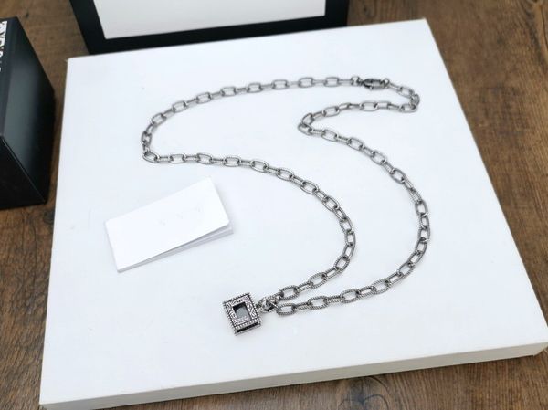 

europe america retro style men lady women brass silver plated lovers thick long necklace with cube engraved pattern g letter pendant