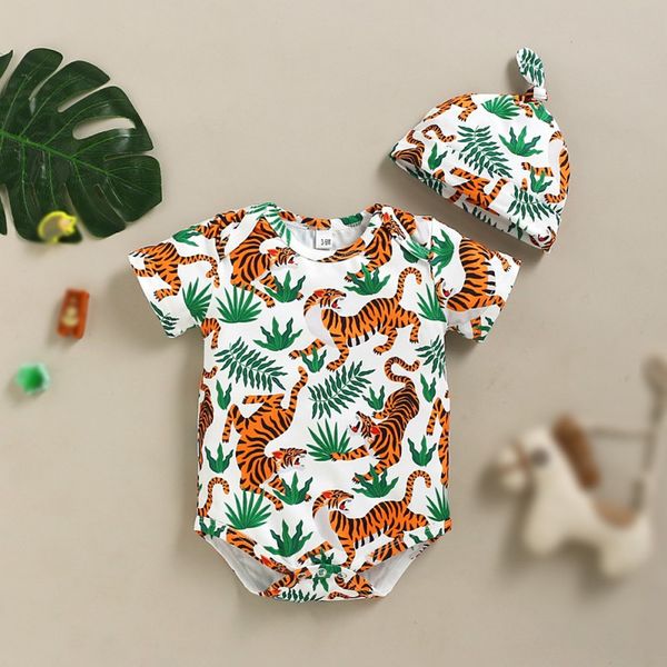 

baby boy girls bodysuit + hat summer kids print tiger jumpsuit cotton infant baby boy girls bodysuit style, White