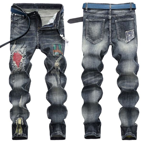 

new designer men's jeans mens distressed ripped skinny jeans classic washed slim moto biker causal mens denim pants hip hop men jeans 0, Blue