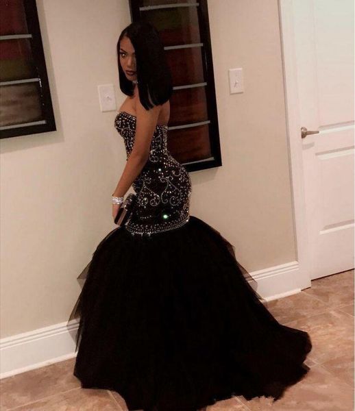 2022 Black Long Prom Dresses Party Abiti Sexy Major Beaded Cascading Mermaid Floor Lunghezza Formale Indossare Abiti da sera senza spalline