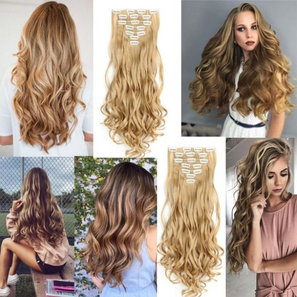 

16 clips in hair extensions 7pcs/set full head high temperature fiber curly synthetic for women popular hairpieces ombre 32 colors, Black