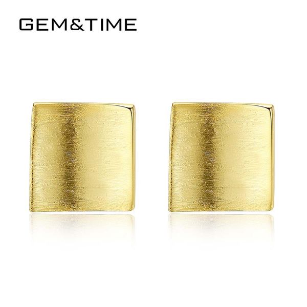 

gem&time vintage sterling 925 silver solid square stud earrings for women jewelry pendientes plata de ley 925 mujer se0175, Golden;silver