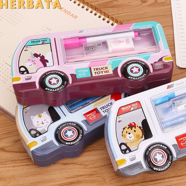 

cartoon truck pencil case, 3d pencil box with stationery set , double layer iron holder kids stationery estuches cl-19182