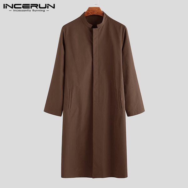 

incerun vintage men long style shirt casual retro solid 2019 stand collar long sleeve muslim islamic kaftan men shirts plus size, White;black
