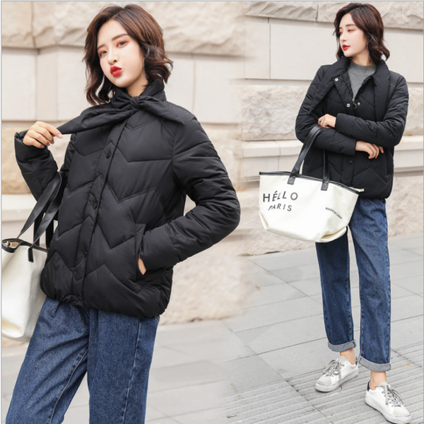 

autum winter new down cotton college small fresh neckline tie easy matching jacket pure color warm comfortable loose overcoat, Black