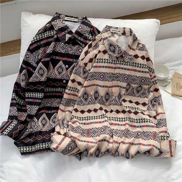 

spring shirt men's fashion printing retro casual shirt wild loose long-sleeved shirts mens streetwear social men dress, White;black