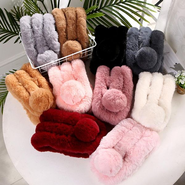 

solid color faux fur kids boy girl warm winter neck warmer pompom scarf with puff collar clothing decor accessory gift, Blue;gray