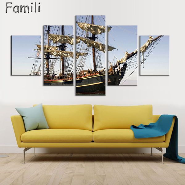 

retro sea sailboat 5panel landscape for living room decoration sailing boat canvas painting on wall pictures home decor unframedor unframed