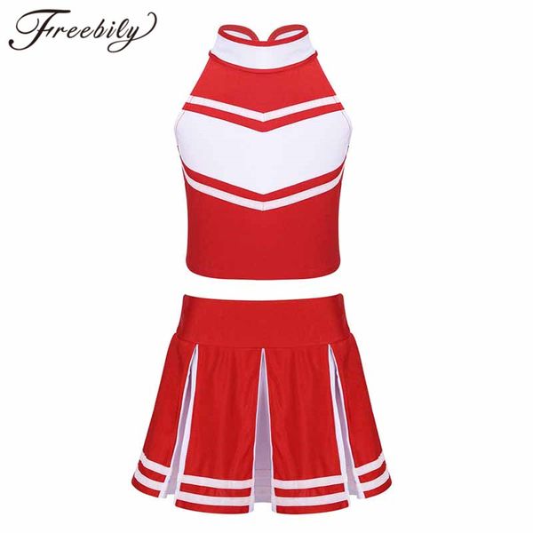 

2pcs kids girls sports cheerleading uniforms kid cosplay cheerleader costume outfit sleeveless zippered + pleated skirt set