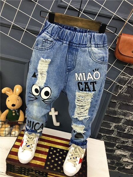 

2019 cartoon boys jeans children broken hole pants trousers spring brand baby boys girls jeans 2-7y kids clothes baby girl jeans, Blue