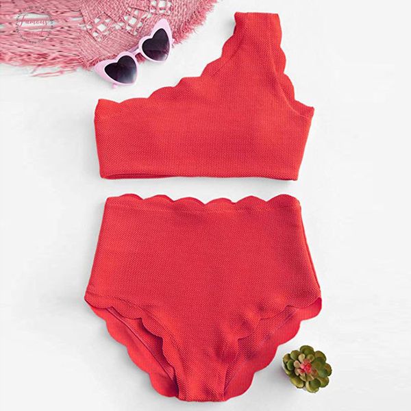 

vintage high solid waisted swimsuit two pieces scalloped trim one shoulder bikini beachwear bathing suit swimwear women biquinis l0612, White;black