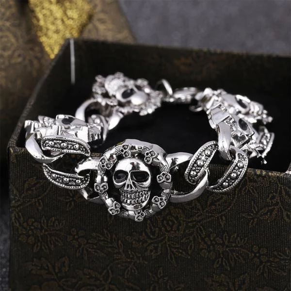 

punk skull bracelet for men gothic double skull heads cuff bracelets men's charms shiny jewelry, Black