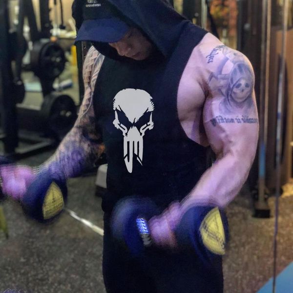 

gym men tank skull cotton sleeveless shirt hoodies running vest bodybuilding workout stringer singlets fitness undershirt, Black;blue