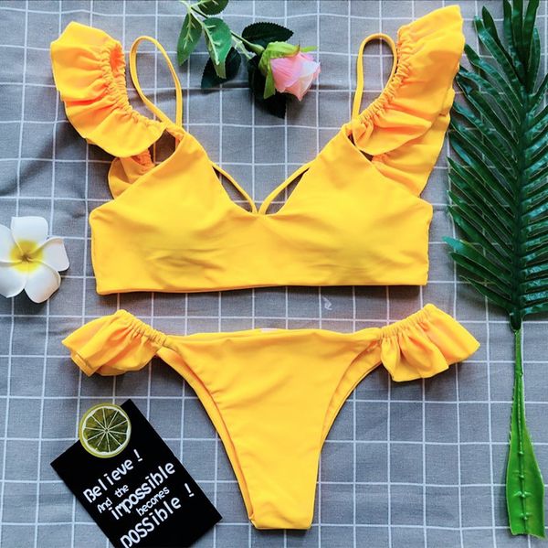 

neon ruffled swimsuit female deep v neck bathing suit women bathers thong bikini push up swimwear 2019 bandage biquini