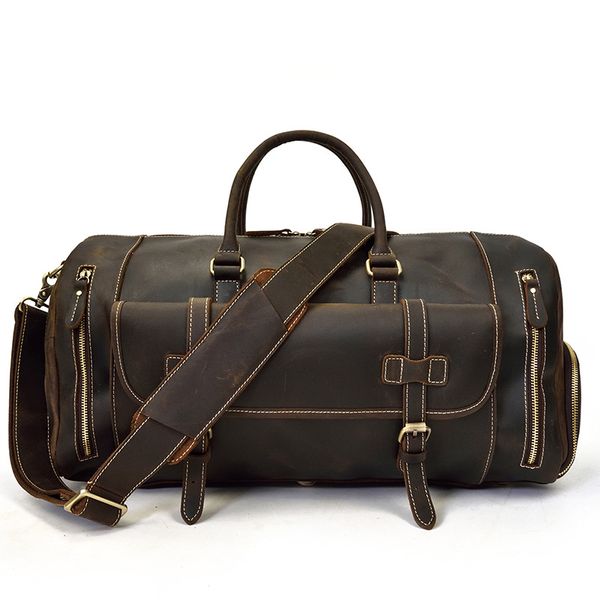 

duffel bags solid men versatile genuine leather overnight bag travel luggage
