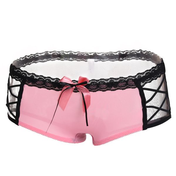 

women lingerie panties cute transparent lace underwear for women boyshorts briefs with bow center and fishnet back, Black;pink