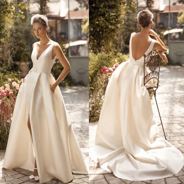 2020 Lihi Hod A-Linie Strandhochzeitskleider Kurzarm V-Ausschnitt Brautkleider Oberschenkelhohe Schlitze Taft Rückenfreies Hochzeitskleid