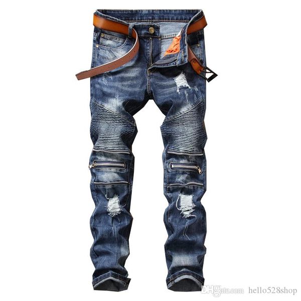 

мода ретро синий молния дизайнер отверстие локомотив мужские брюки тонкий байкер джинсы длинные брюки узкие прямые, Blue