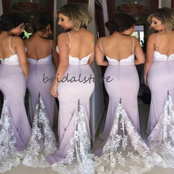 

spaghetti straps mermaid bridesmaids dresses lilac tight backless sweep train long evening prom dresses lace bridemaid dresses 2020, White;pink