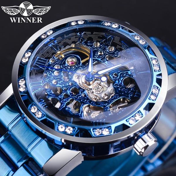 

winner transparent diamond design blue mechanical watch men stainless steel band skeleton watch luminous clock, Slivery;brown