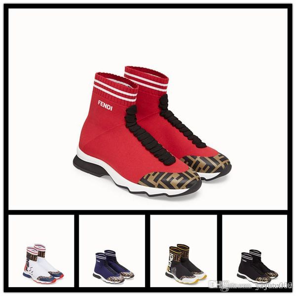 

good quality yellow speed trainer casual shoe man woman sock boots with box stretch-knit casual boots race runner sneaker high top, Black
