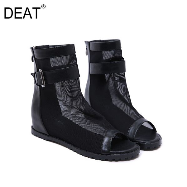 

deat] 2019 new spring summer round toe mesh hollow out breathable zipper buckle single women wedges cool boots fashion 10b081, Black