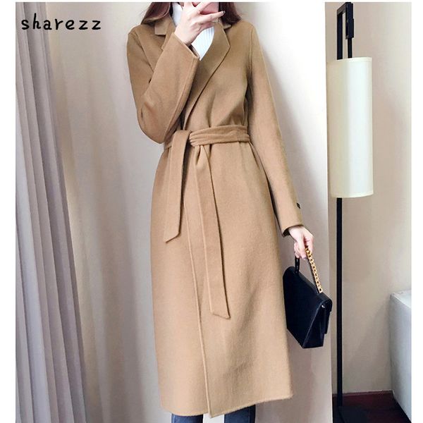 

sharezz woolen coat female cashmere middle long sashes elegant outwear autumn winter women woolen blends wool jackets female, Black