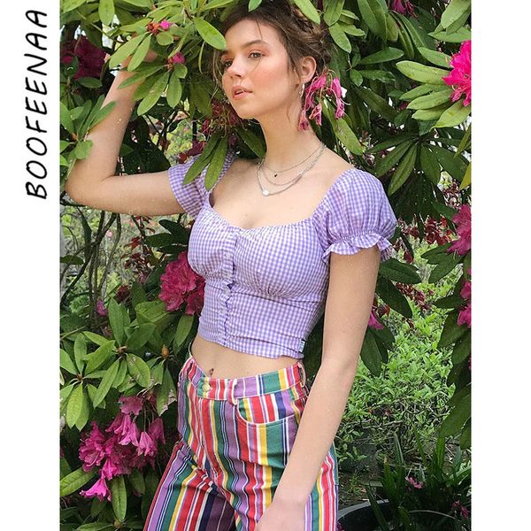 

boofeenaa purple red plaid vintage t shirt summer clothes for women square neck puff sleeve button up crop 2020 c71i97, White