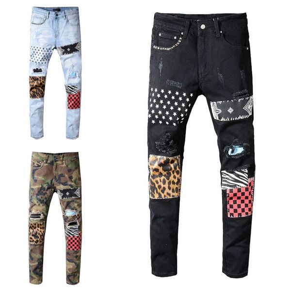 

luxury jeans classic hip hop pants designer jeans distressed ripped biker jean slim fit motorcycle denim jeans, Blue