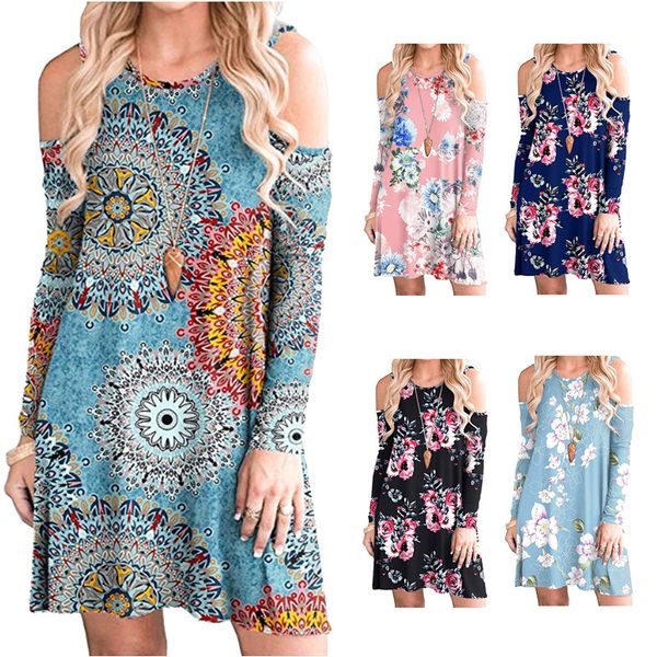 

2019 round collar printed pocket long sleeve dress, Black;gray