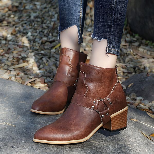 

boots women black woman shoes pointed toe ankle square high heel plus size casual zapatos mujer