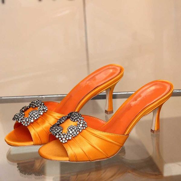 

crystal silk women slids design women slipper thin high heels square toe sandal slipper summer ladies slide elegant dress shoes, Black