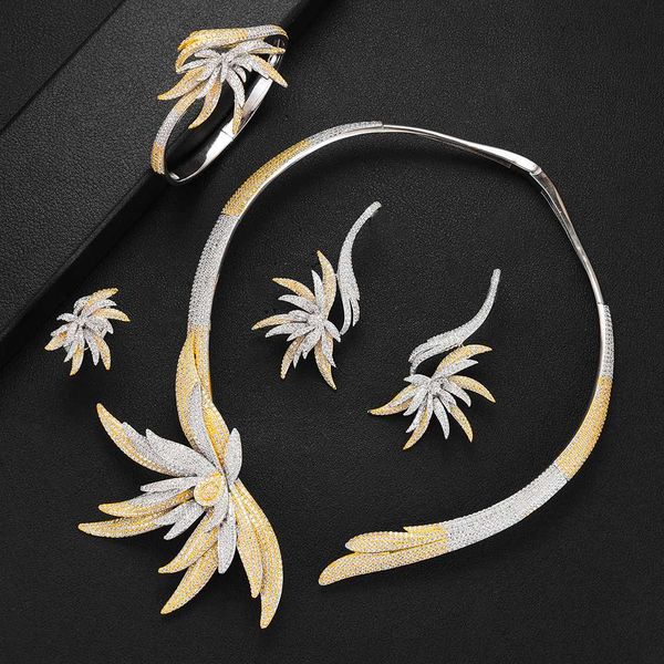 

larrauri new luxury palm tree leaf nigerian choker jewelry sets for women wedding cubic zircon cz dubai bridal jewelry set 2019, Silver