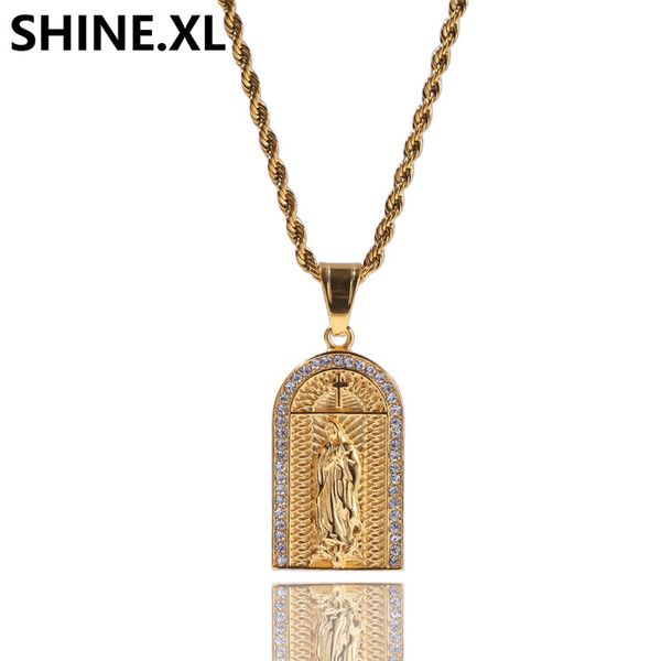 

hip hop iced out stainless steel gold plated virgin cross pendant church our lady charm pendant necklace, Silver