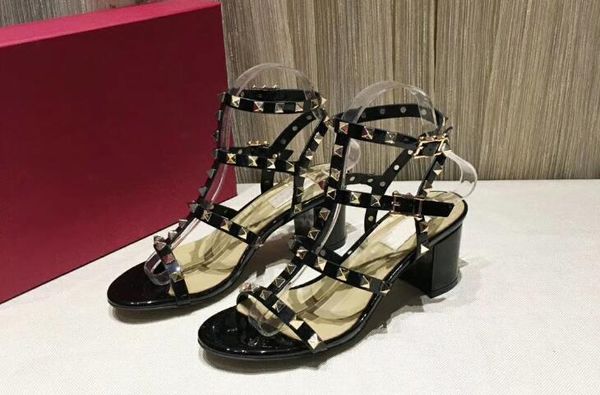 

5a 218180 6.5cm heel studs ankle strap sandal shoes,adjustable buckle fastenings,size 34-41,dhl ing, Black