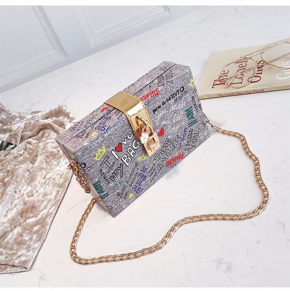 

letter printing box bag personality lock small square bag summer new female tide fashion chain shoulder messenger