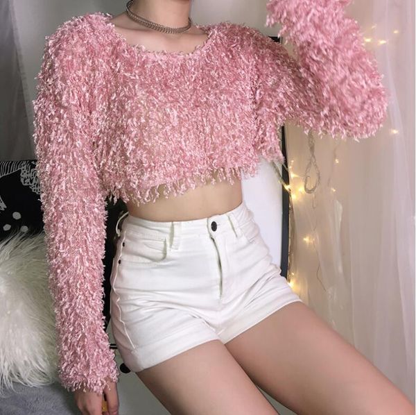 

autumn new pink umbilical round neck long sleeve basic sweater, White;black
