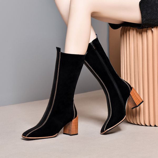 

women winter snow boots genuine leather ankle winter spring thick heel boot woman long boots 2020 women, Black