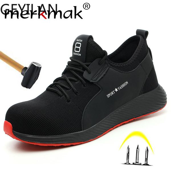 

men shoes plus size 36-46 steel toe cap men work &safety boots lightweight sneakers breathable casual male shoes flat, Black