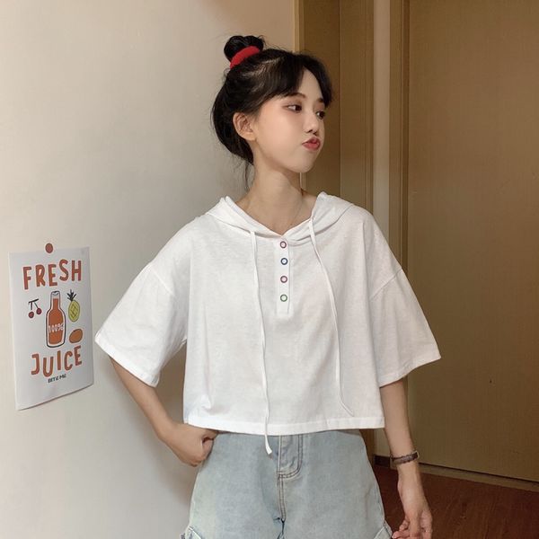 

black white 2020 summer female hooded fleece short sleeve buttons short design cotton t-shirt women sweatshirts tees