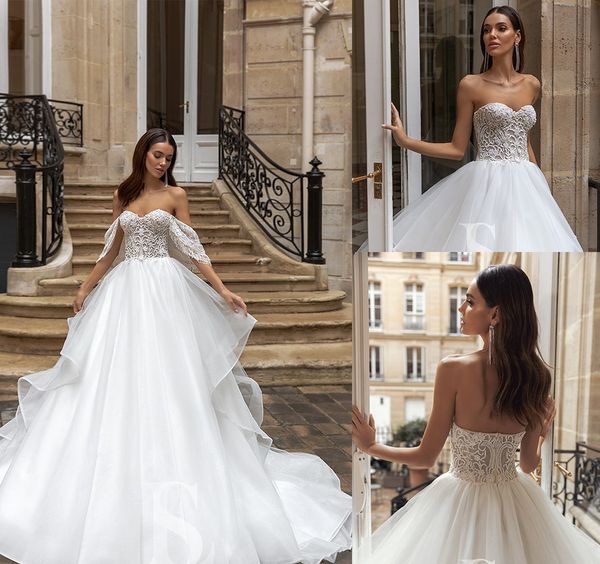

fashion a line wedding dresses luxury beading strapless appliques bridal gowns sweep train beach wedding dress robes de mariÃ©e, White