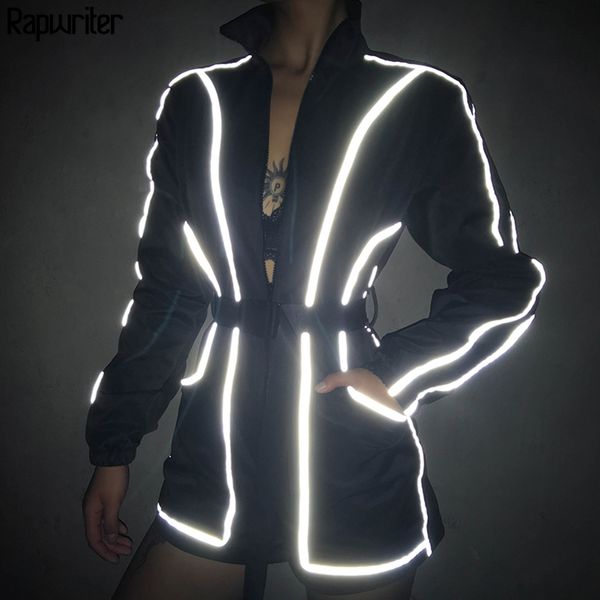 

rapwriter fashion reflective strip middle zipper turtleneck playsuit women 2019 fall streetwear long sleeve plastic belt rompers, Black;white