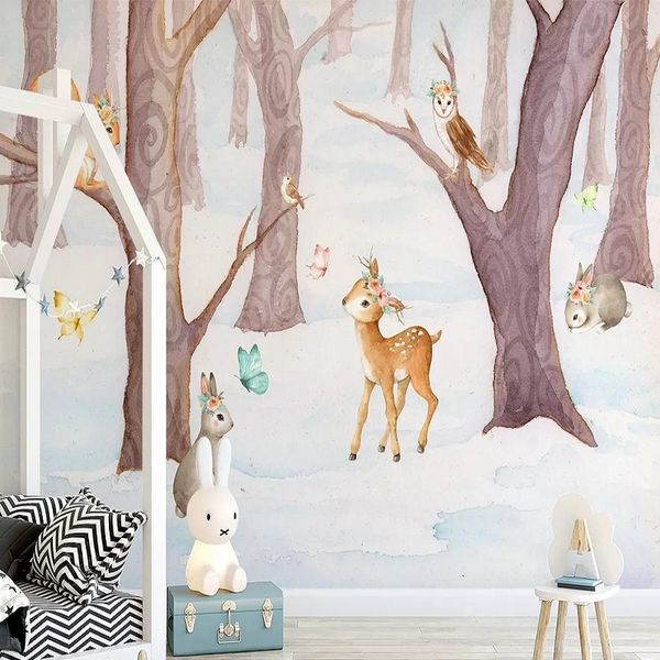 

пользовательские большой настенная 3d обои скандинавские деревья мультфильм олененок ребенок спальня настенная tv задняя стена декор глубоко