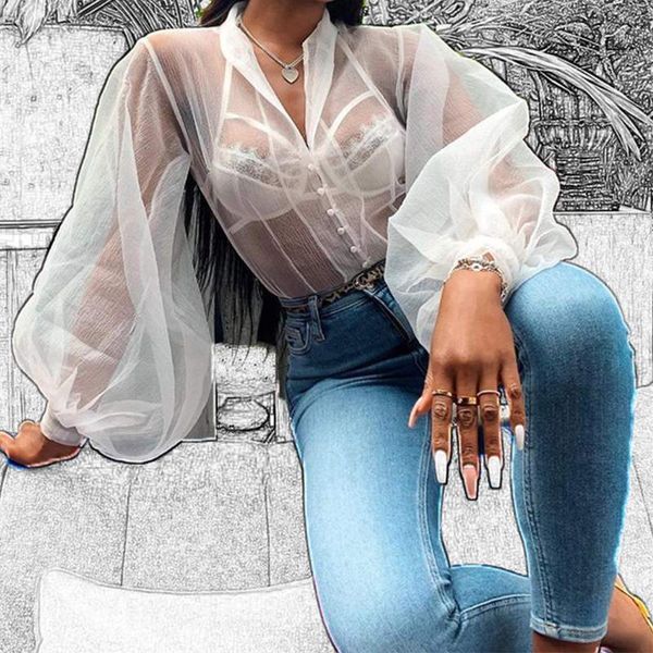 

women summer shirt fashion puff sleeve club party sheer blouse mesh casual buttons dowm blusas v neck blouses, White