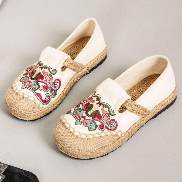 

women flower embroidery canvas shoes espadrilles round toe flat loafers slip on ballet flats breathable comfortable shoes, Black