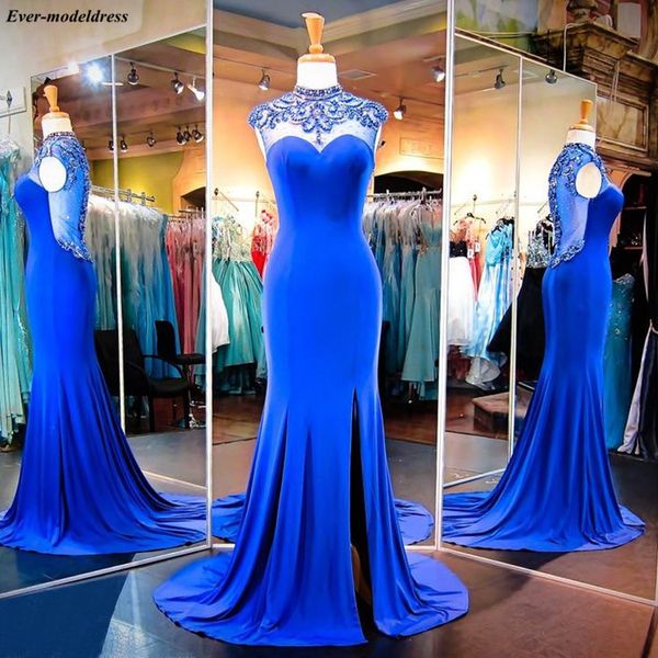 

royal blue evening dresses 2019 mermaid beaded crystal side split long formal gowns prom party dresses vestidos de festa, White;black