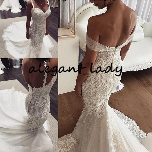 

2020 кружева аппликация свадебные платья современные спагетти спинки развертки поезд труба сад пляж невесты свадебное платье vestido де noiv, White